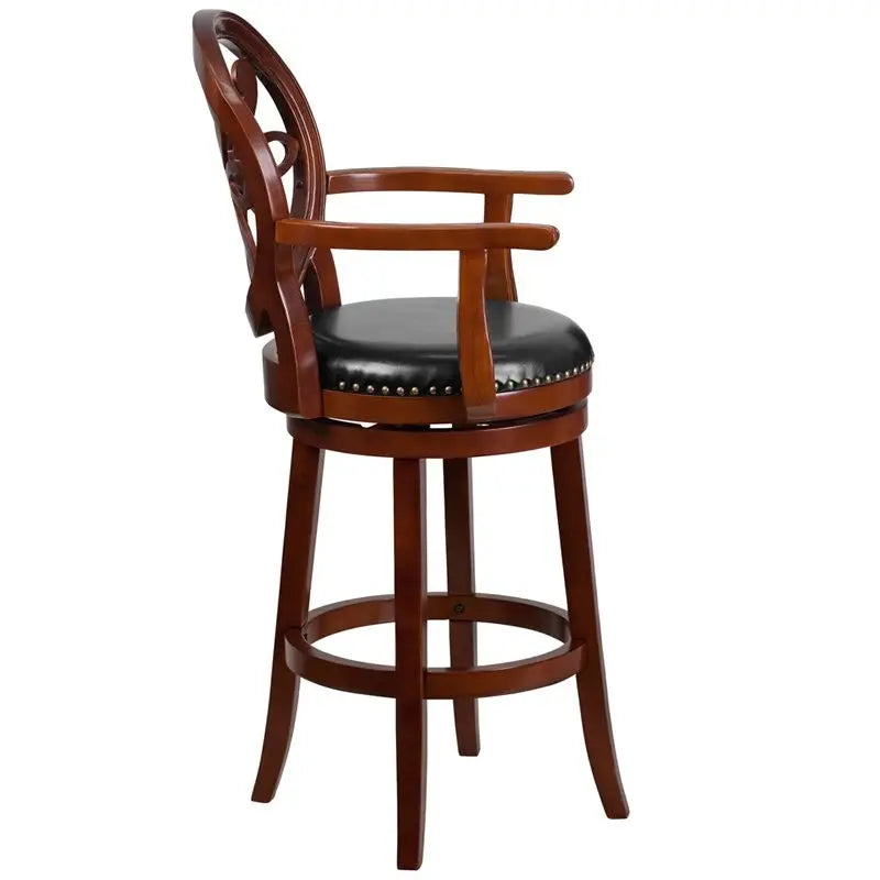 Estella 30'' Cherry Wood Bar Stool w/Arms & Black Leather Swivel Seat iHome Studio