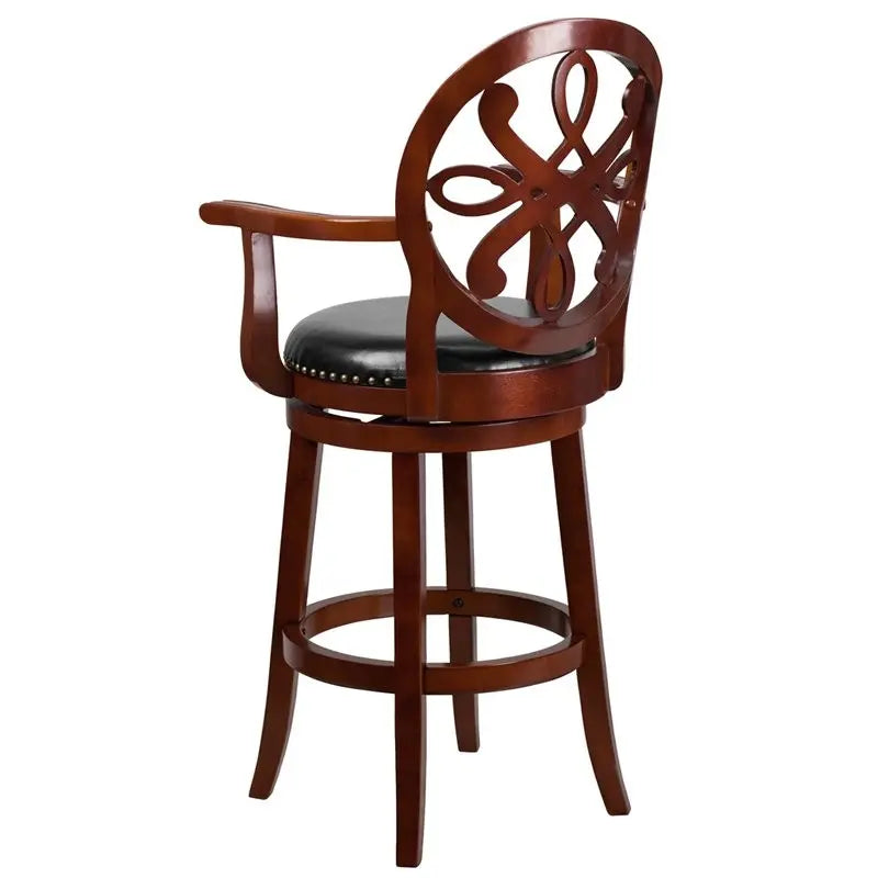 Estella 30'' Cherry Wood Bar Stool w/Arms & Black Leather Swivel Seat iHome Studio