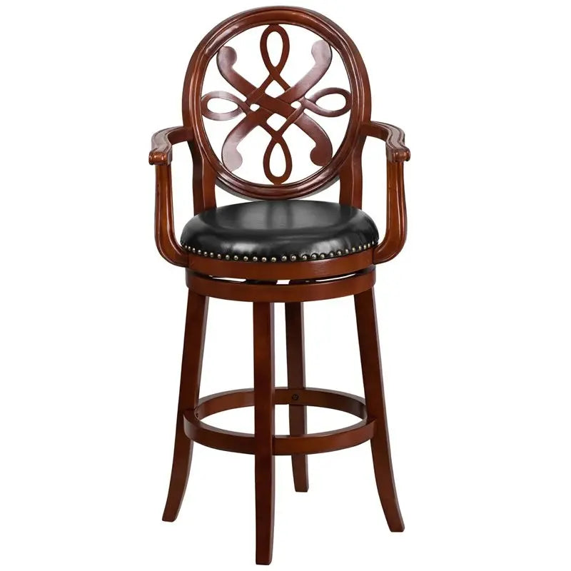 Estella 30'' Cherry Wood Bar Stool w/Arms & Black Leather Swivel Seat iHome Studio