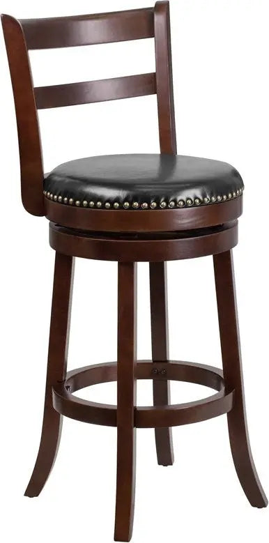 Estella 30'' Ladder Back Cappuccino Wood Bar Stool w/Black Leather Swivel iHome Studio