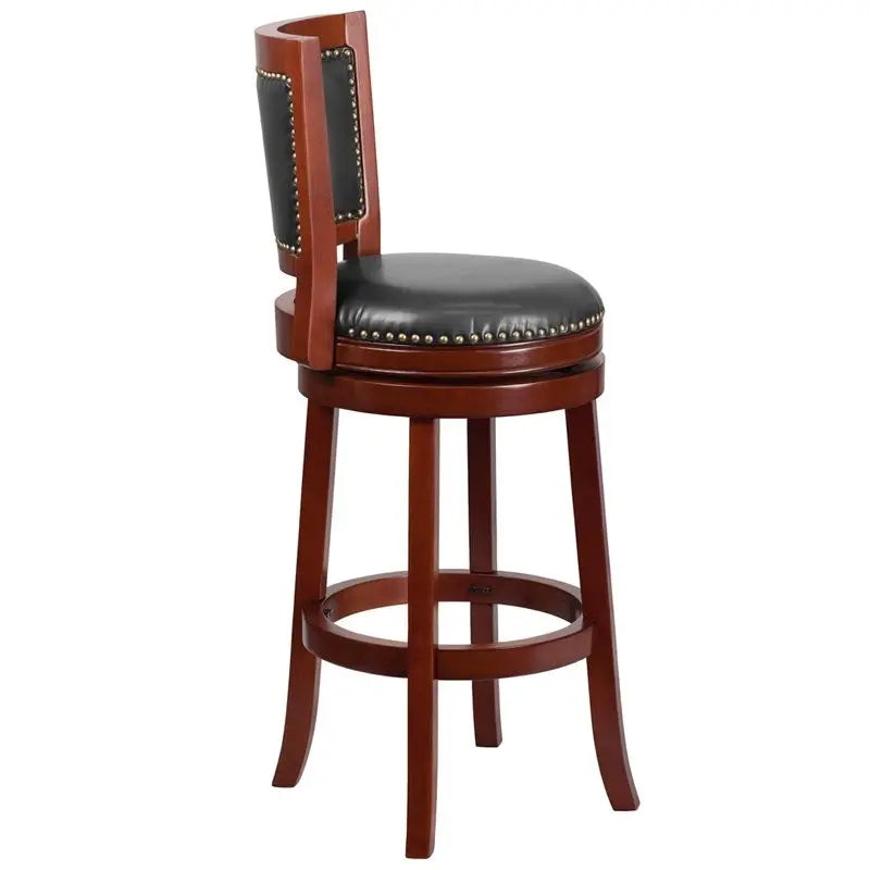 Estella 30'' Panel Back Dark Cherry Wood Bar Stool w/Walnut Leather iHome Studio