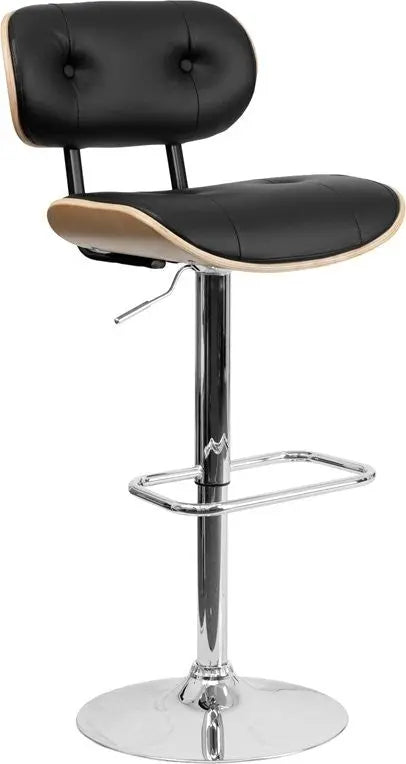 Estella Beech Bentwood Adjustable Bar/Counter Stool w/Button Tufted Black Vinyl iHome Studio