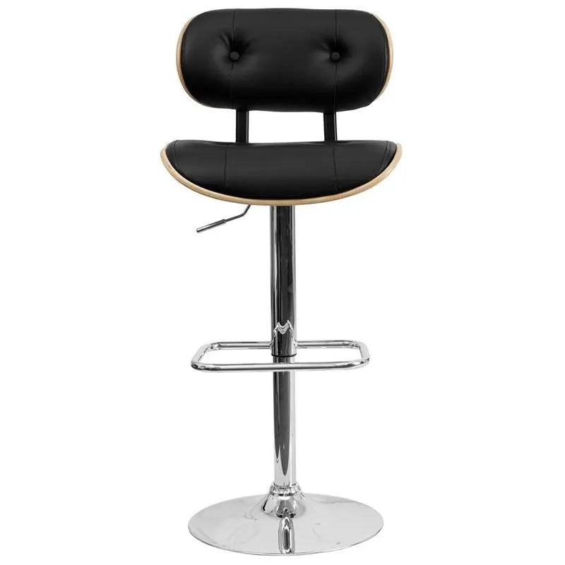 Estella Beech Bentwood Adjustable Bar/Counter Stool w/Button Tufted Black Vinyl iHome Studio