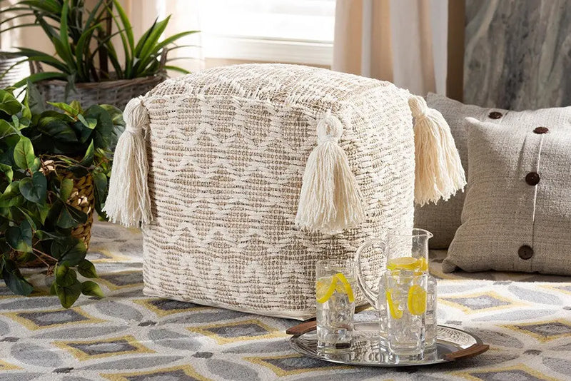 Ezekiel Moroccan Inspired Natural and Ivory Handwoven Cotton, Hemp Pouf Ottoman iHome Studio