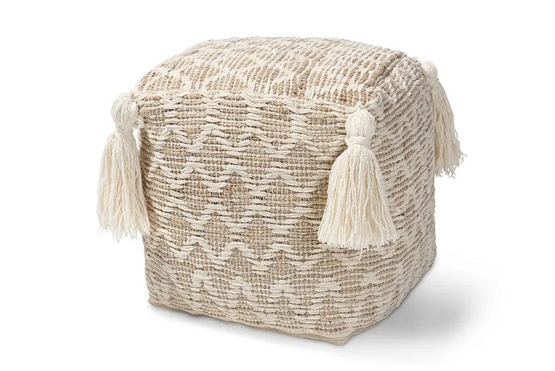 Ezekiel Moroccan Inspired Natural and Ivory Handwoven Cotton, Hemp Pouf Ottoman iHome Studio