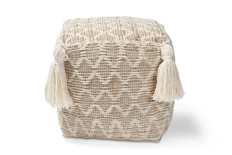 Ezekiel Moroccan Inspired Natural and Ivory Handwoven Cotton, Hemp Pouf Ottoman iHome Studio