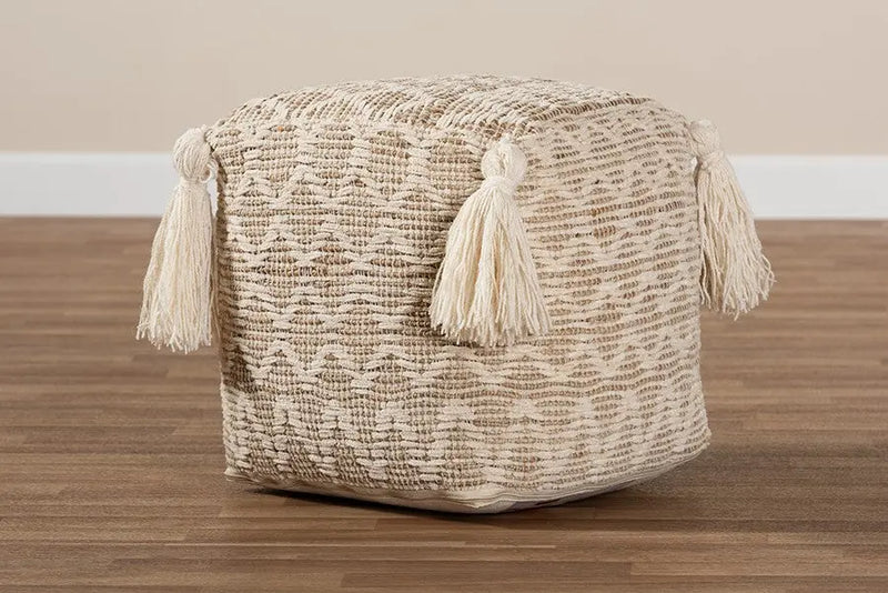 Ezekiel Moroccan Inspired Natural and Ivory Handwoven Cotton, Hemp Pouf Ottoman iHome Studio