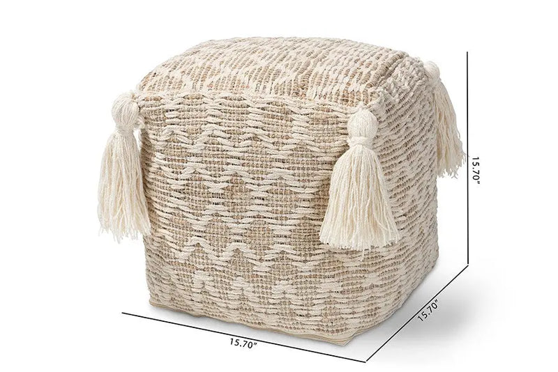 Ezekiel Moroccan Inspired Natural and Ivory Handwoven Cotton, Hemp Pouf Ottoman iHome Studio