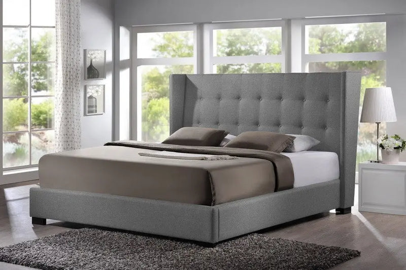 Favela Grey Linen Platform Bed w/Upholstered Headboard (King) iHome Studio