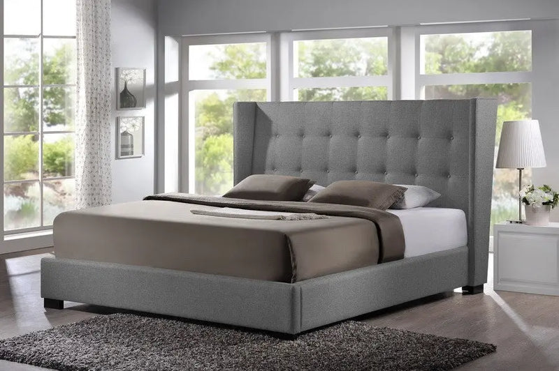 Favela Grey Linen Platform Bed w/Upholstered Headboard (Queen) iHome Studio