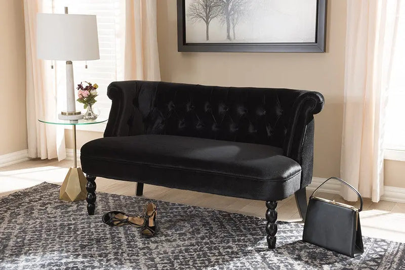 Flax Victorian Style Black Velvet Fabric Upholstered 2-seater Loveseat iHome Studio