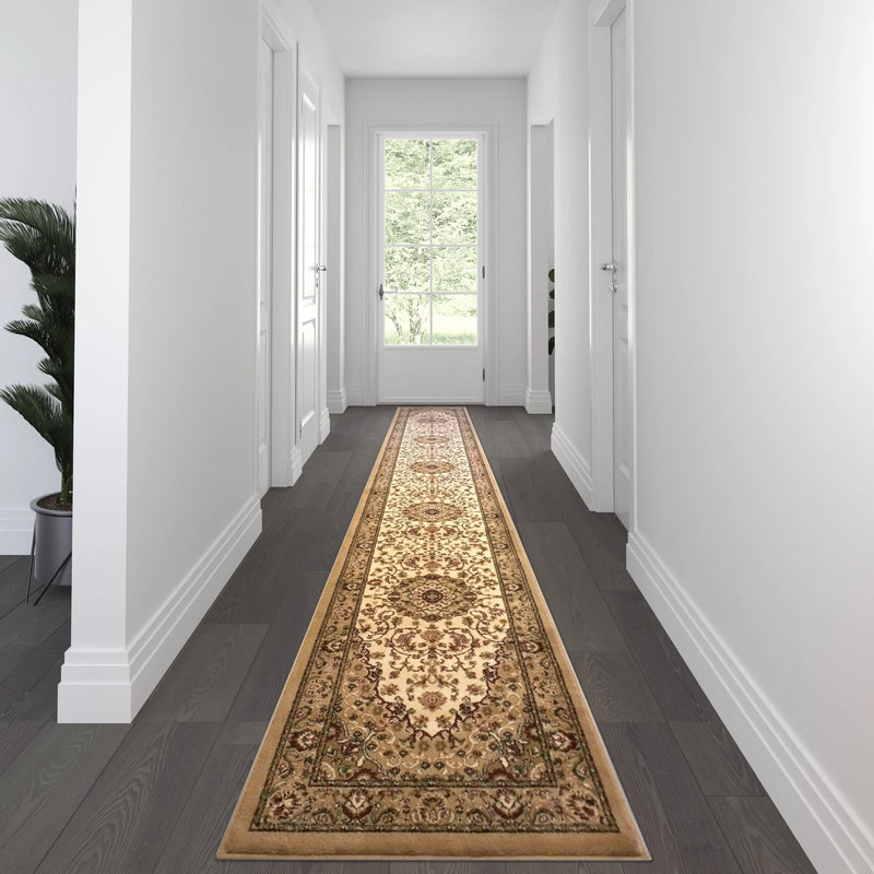 Florence Collection Persian Style 3' x 15' Ivory Area Rug - Olefin Rug with Jute Backing iHome Studio