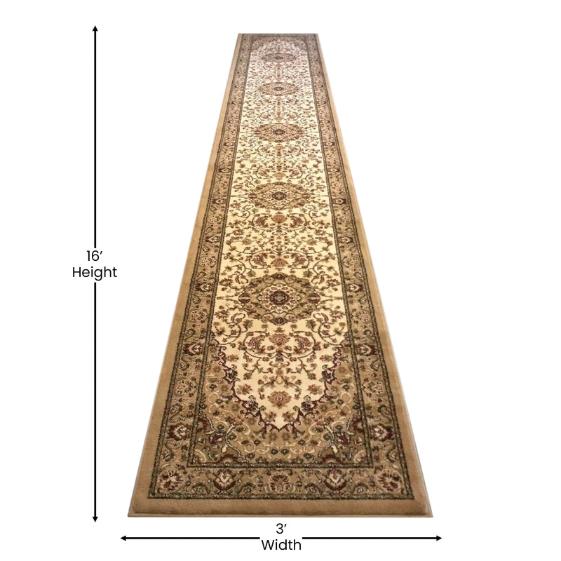 Florence Collection Persian Style 3' x 15' Ivory Area Rug - Olefin Rug with Jute Backing iHome Studio