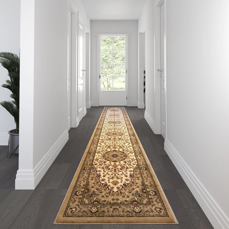 Florence Collection Persian Style 3' x 20' Ivory Area Rug - Olefin Rug with Jute Backing iHome Studio