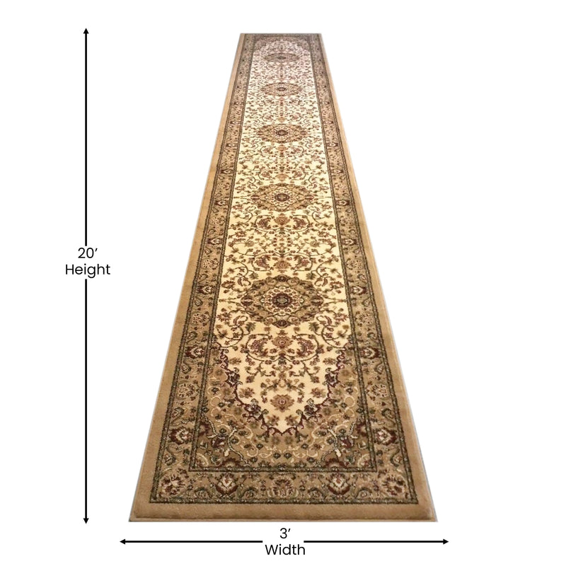 Florence Collection Persian Style 3' x 20' Ivory Area Rug - Olefin Rug with Jute Backing iHome Studio