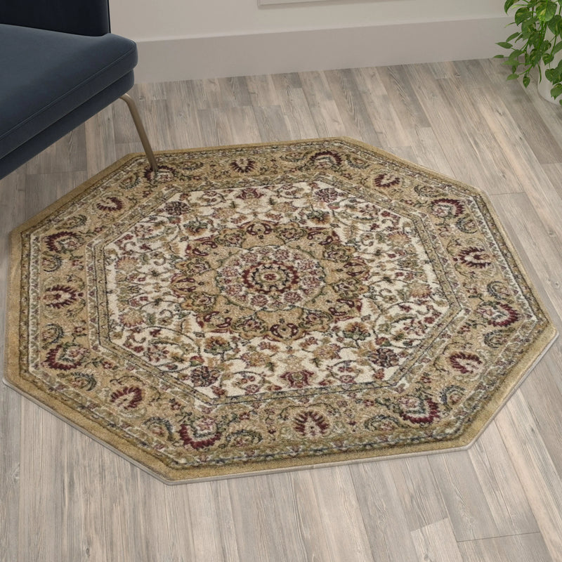 Florence Collection Persian Style 4x4 Ivory Octagon Area Rug-Olefin Rug with Jute Backing iHome Studio