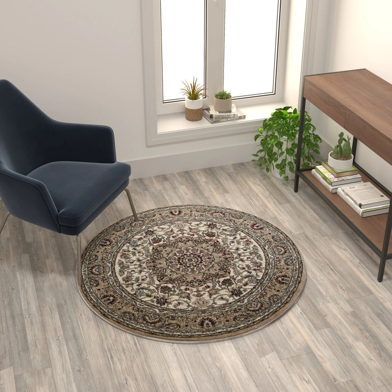 Florence Collection Persian Style 4x4 Ivory Round Area Rug-Olefin Rug with Jute Backing iHome Studio