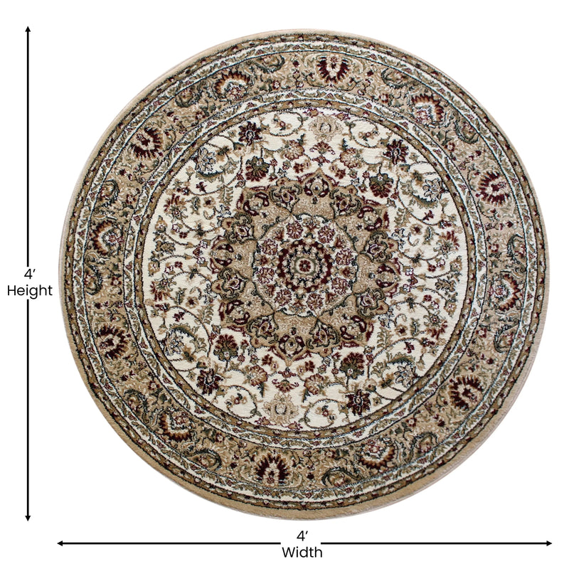 Florence Collection Persian Style 4x4 Ivory Round Area Rug-Olefin Rug with Jute Backing iHome Studio