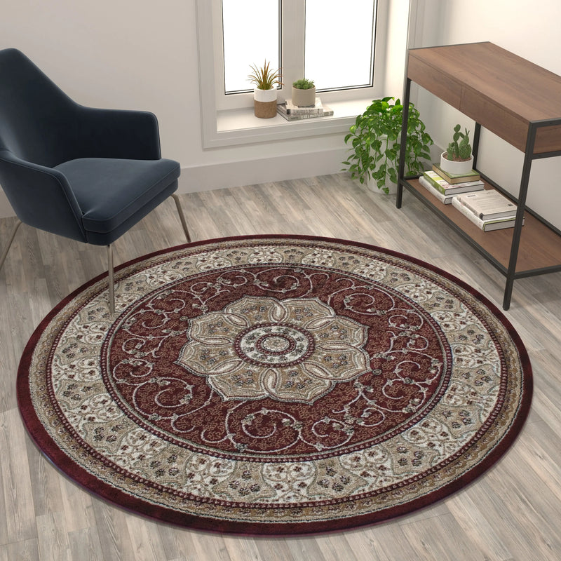 Florence Collection Persian Style 5' x 5' Round Burgundy Area Rug - Olefin Rug with Jute Backing iHome Studio