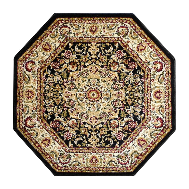 Florence Collection Persian Style 5x5 Black Octagon Area Rug-Olefin Rug with Jute Backing iHome Studio