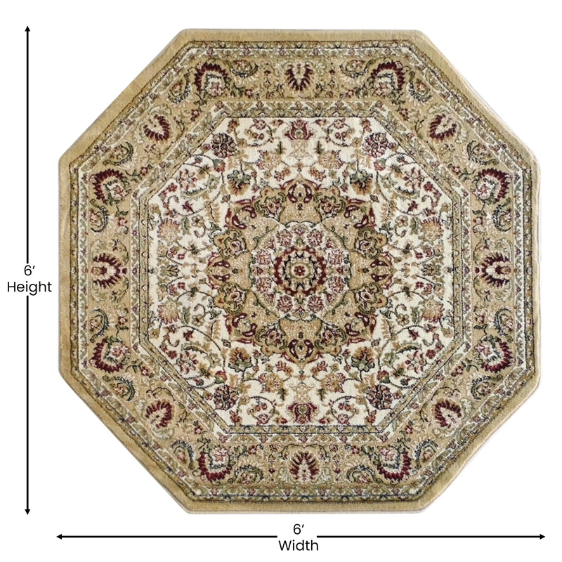 Florence Collection Persian Style 5x5 Ivory Octagon Area Rug-Olefin Rug with Jute Backing iHome Studio