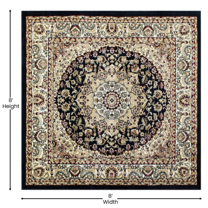 Florence Collection Persian Style 7x7 Black Square Area Rug-Olefin Rug with Jute Backing iHome Studio