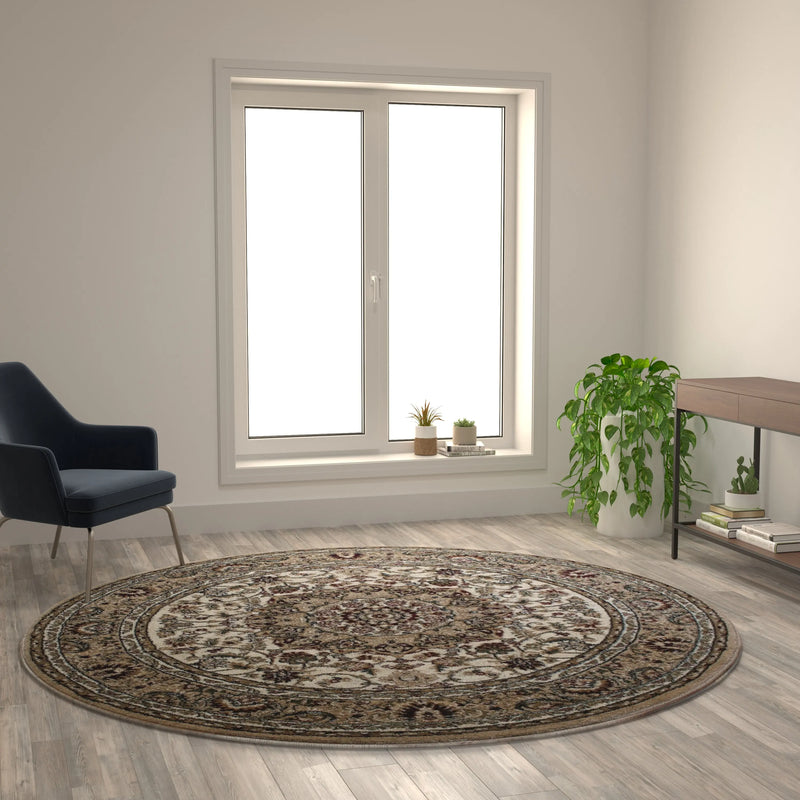 Florence Collection Persian Style 7x7 Ivory Round Area Rug-Olefin Rug with Jute Backing iHome Studio