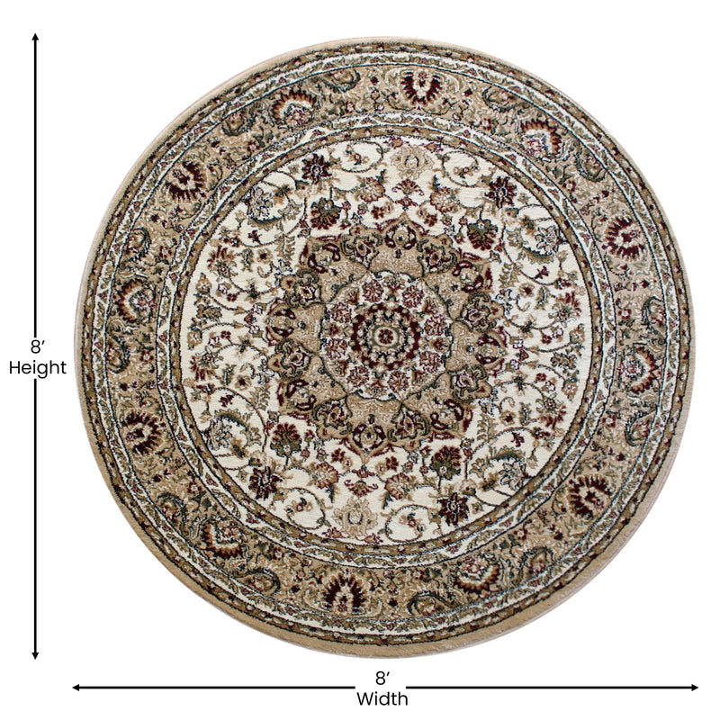 Florence Collection Persian Style 7x7 Ivory Round Area Rug-Olefin Rug with Jute Backing iHome Studio