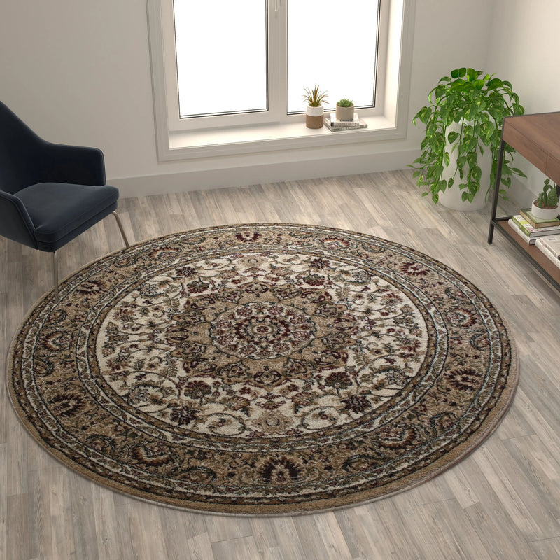 Florence Collection Persian Style 7x7 Ivory Round Area Rug-Olefin Rug with Jute Backing iHome Studio