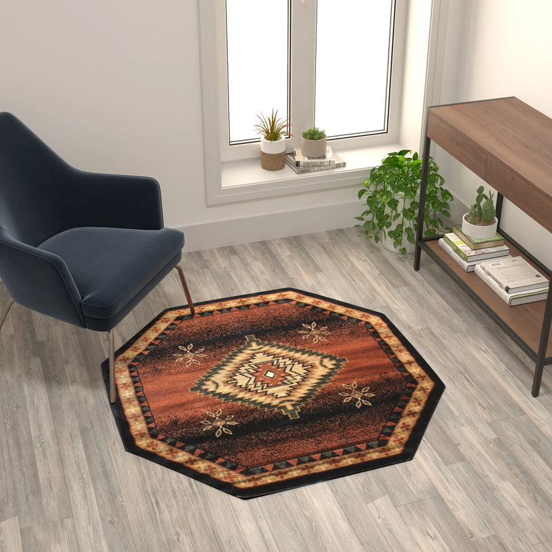 Florence Collection Southwestern Style Round 4' x 4' Brown Olefin Area Rug with Jute Backing iHome Studio