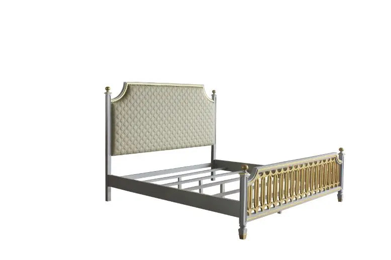 Florence King Bed, Beige Faux Leather & Pearl Gray Finish iHome Studio