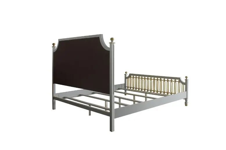 Florence King Bed, Beige Faux Leather & Pearl Gray Finish iHome Studio