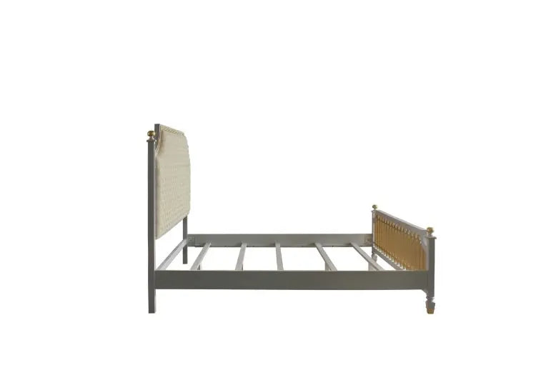 Florence King Bed, Beige Faux Leather & Pearl Gray Finish iHome Studio