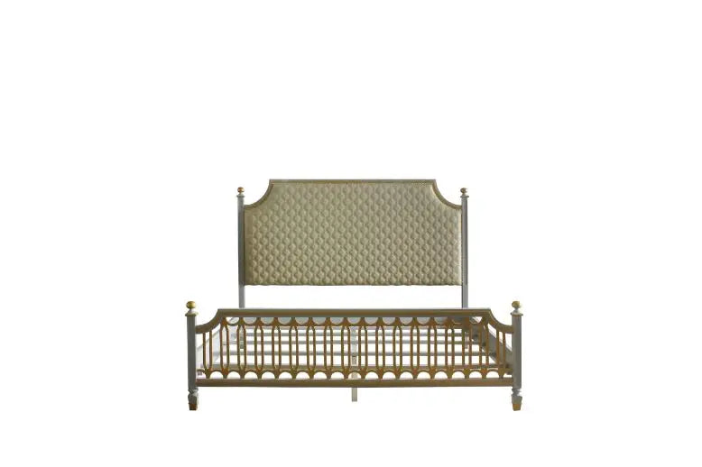 Florence King Bed, Beige Faux Leather & Pearl Gray Finish iHome Studio