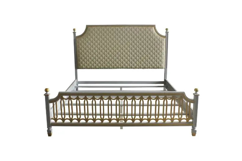 Florence King Bed, Beige Faux Leather & Pearl Gray Finish iHome Studio