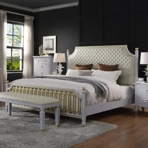 Florence King Bed, Beige Faux Leather & Pearl Gray Finish iHome Studio