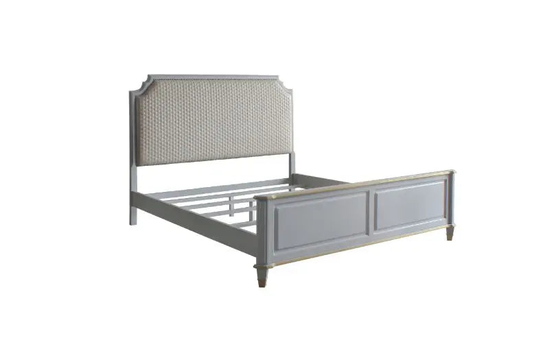 Florence King Bed, Two Tone Beige Fabric & Pearl Gray Finish iHome Studio