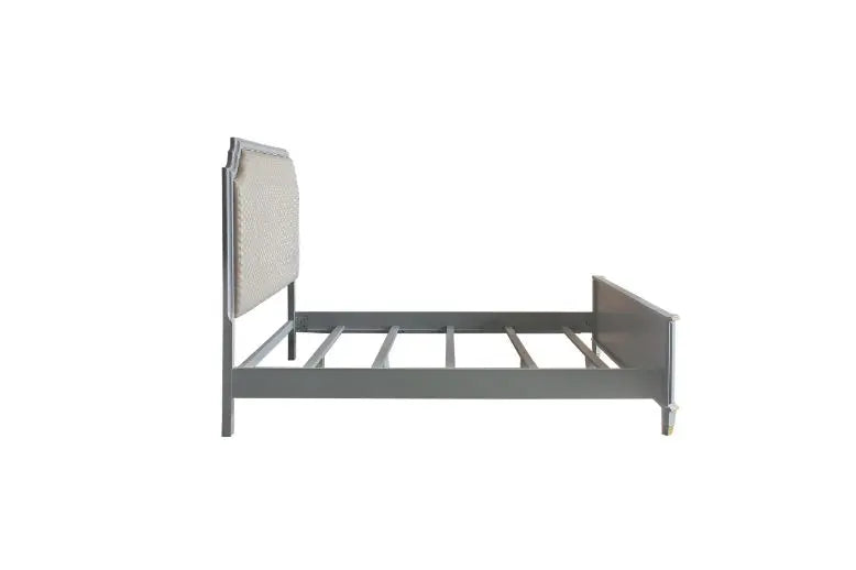 Florence King Bed, Two Tone Beige Fabric & Pearl Gray Finish iHome Studio