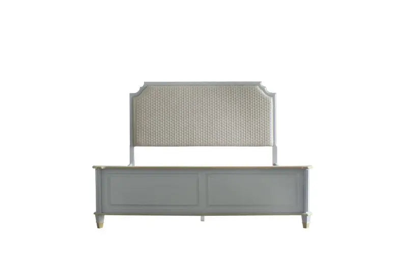 Florence King Bed, Two Tone Beige Fabric & Pearl Gray Finish iHome Studio