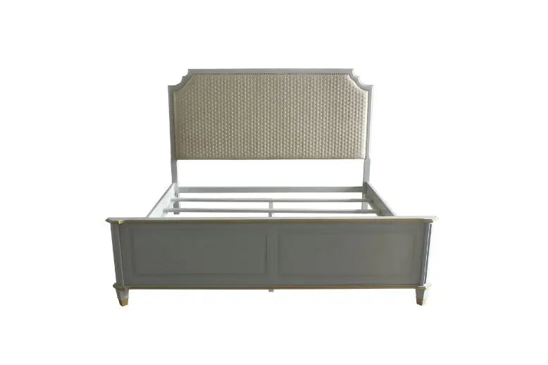 Florence King Bed, Two Tone Beige Fabric & Pearl Gray Finish iHome Studio