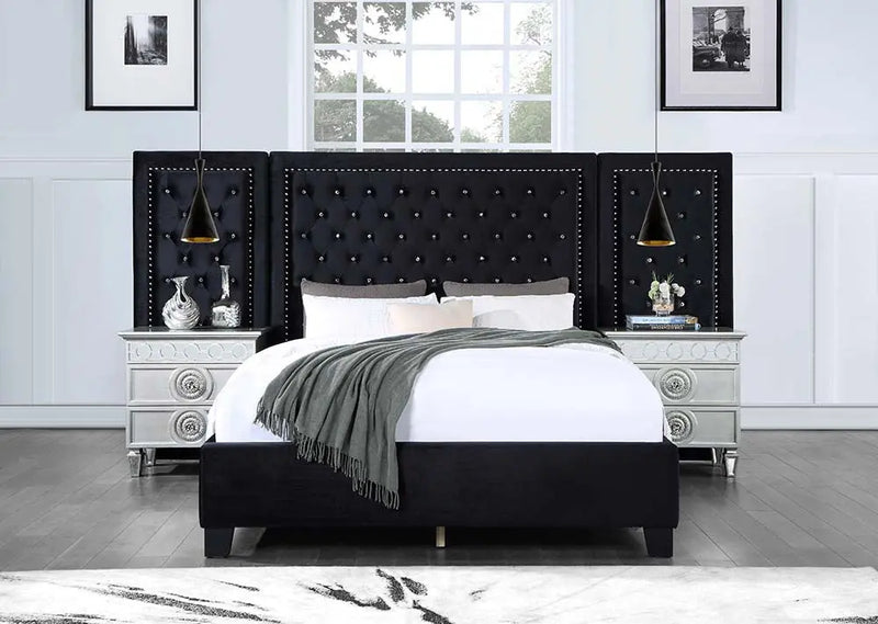 Frances Queen Bed, Black Velvet iHome Studio