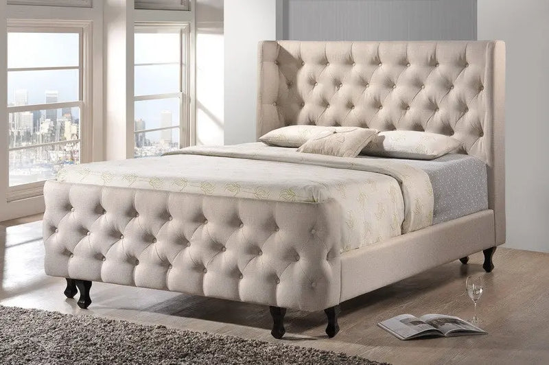 Francesca Beige Linen Platform Bed w/Tufted Headboard (Queen) iHome Studio