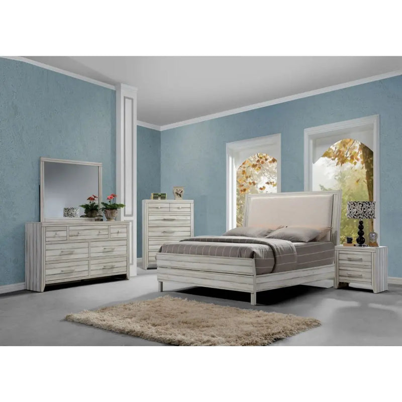 Franklin King Bed, Fabric & Antique White iHome Studio