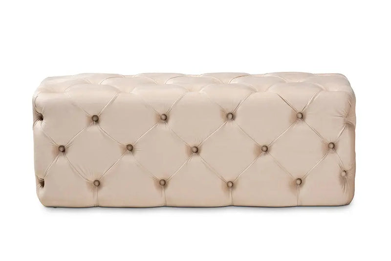 Geneva Beige Velvet Fabric Upholstered Button Tufted Bench Ottoman iHome Studio