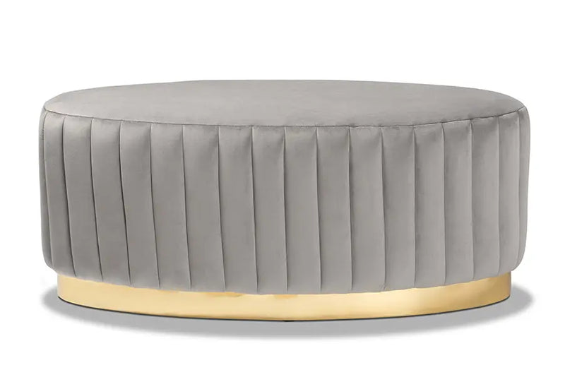 Geneva Grey Velvet Fabric Upholstered/Gold PU Leather Ottoman iHome Studio