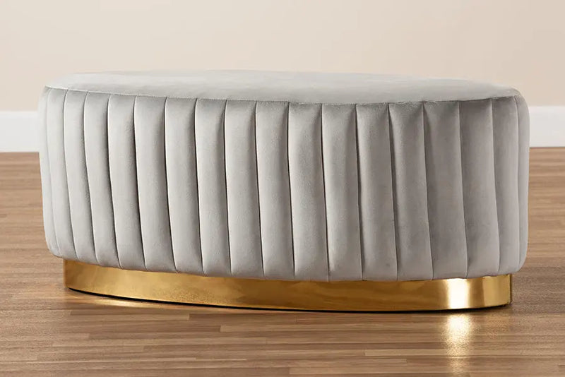 Geneva Grey Velvet Fabric Upholstered/Gold PU Leather Ottoman iHome Studio