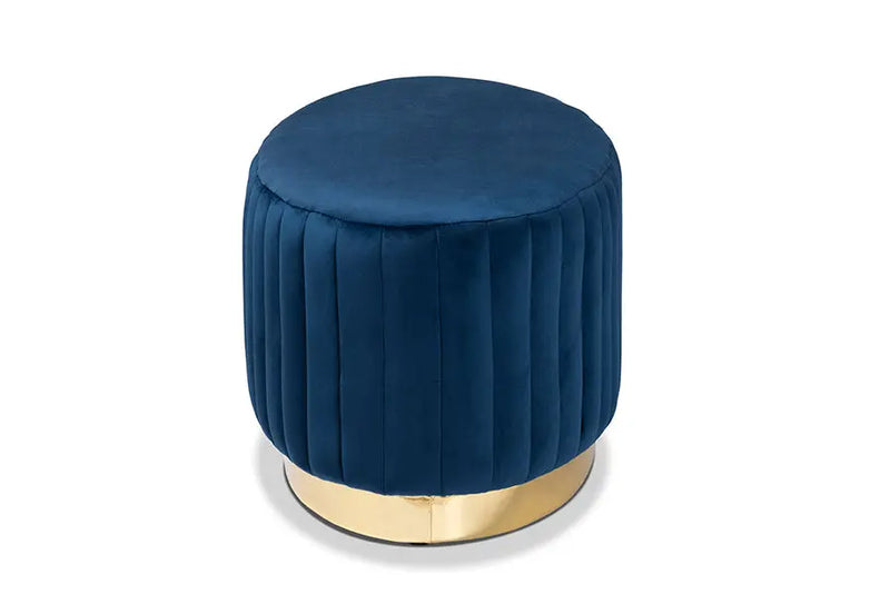 Geneva Navy Blue Velvet Fabric Upholstered/Gold PU Leather Ottoman iHome Studio