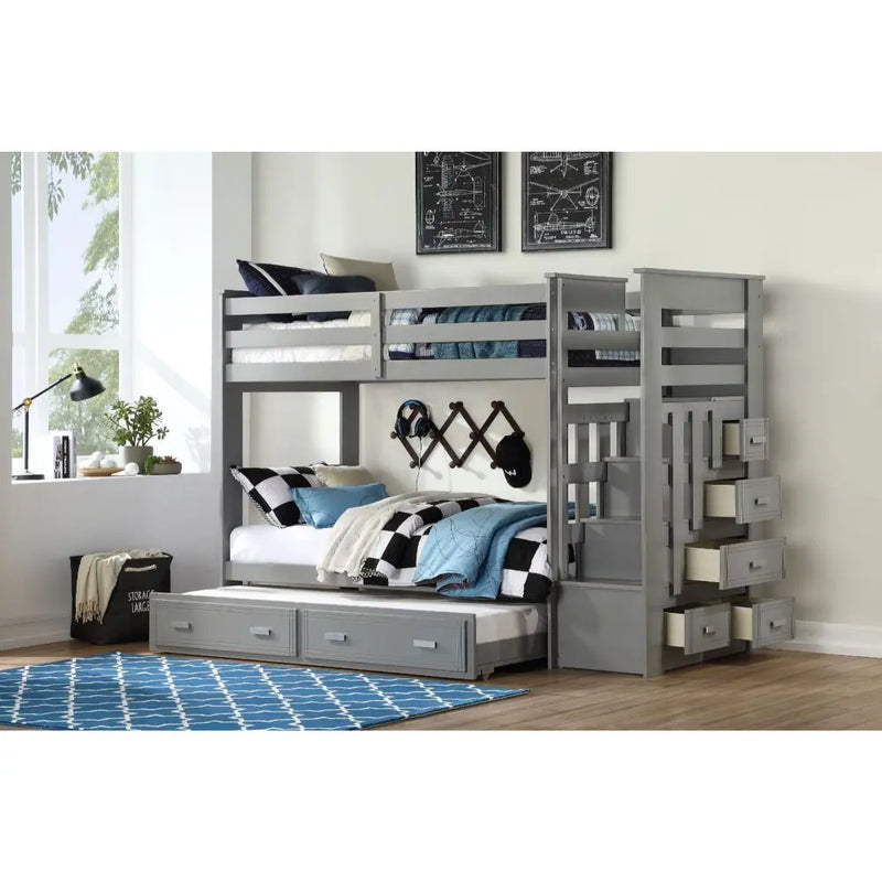 Georgia Twin/Twin Bunk Bed & Trundle w/Stairs and Storage Drawer - Gray iHome Studio