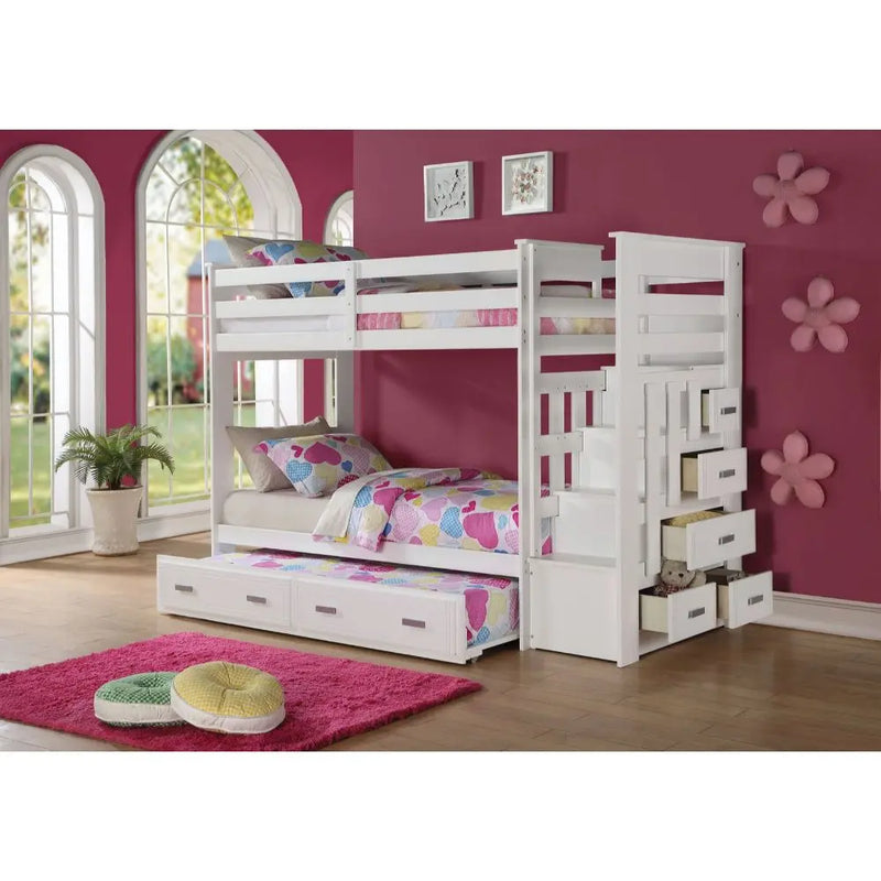 Georgia Twin/Twin Bunk Bed & Trundle w/Stairs and Storage Drawer - White iHome Studio