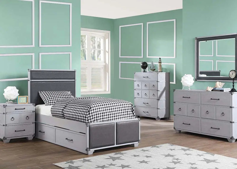 Graham Twin Bed, Gray Faux Leather & Gray iHome Studio